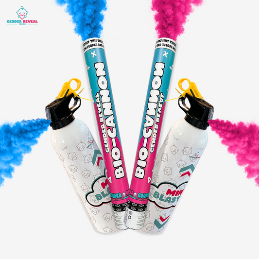 Pink and blue gender reveal powder cannons — best gender reveal ideas Sydney 2026