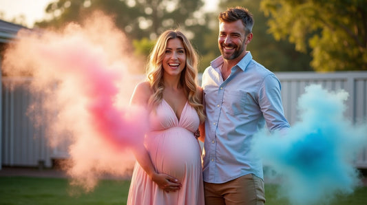 Australian couple celebrating with pink and blue powder cannons in a sunlit backyard