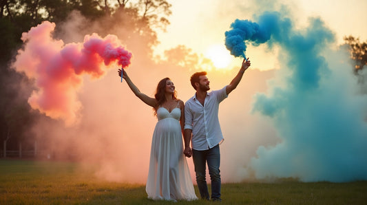 Australian couple with pink and blue gender reveal smoke bombs at golden hour backyard