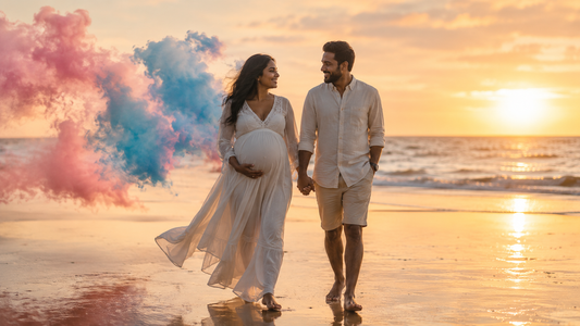 Australian beach gender reveal photoshoot — pink and blue smoke at sunset