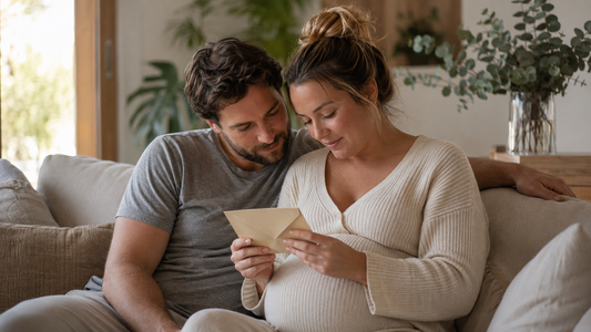 Australian couple at home with sealed gender reveal envelope — intimate emotional moment