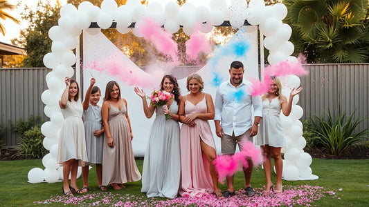 Australian family celebrating gender reveal with pink and blue confetti at outdoor party