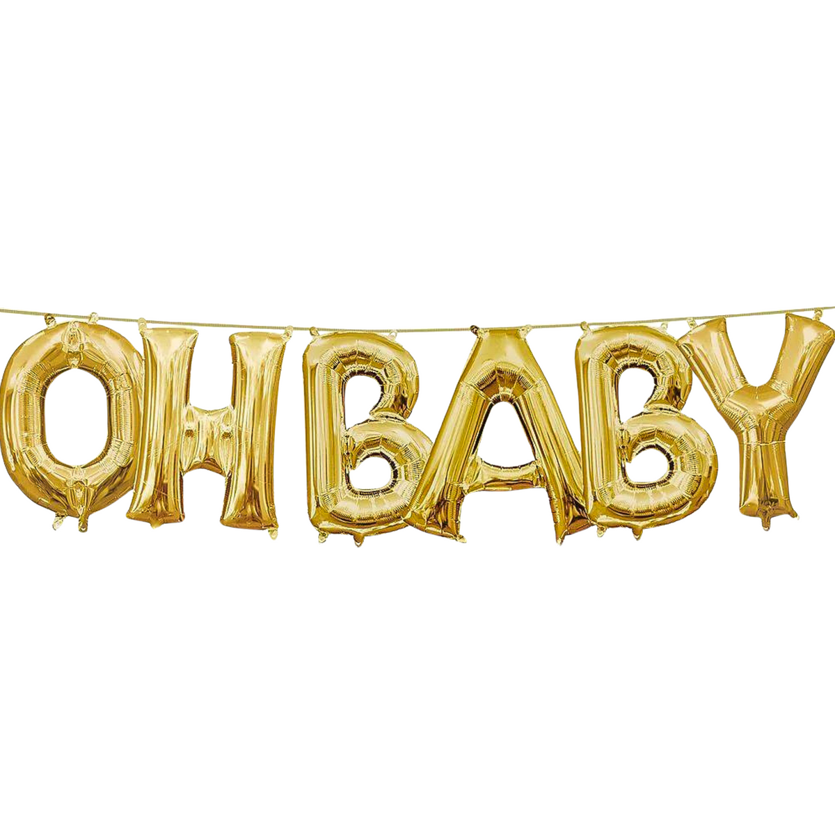 Large OH BABY Foil Balloon Set in metallic gold finish, featuring individual letter balloons connected by string, perfect for gender reveal party decorations and photo backdrops. Letters appear shiny and three-dimensional with a luxurious champagne-gold color.