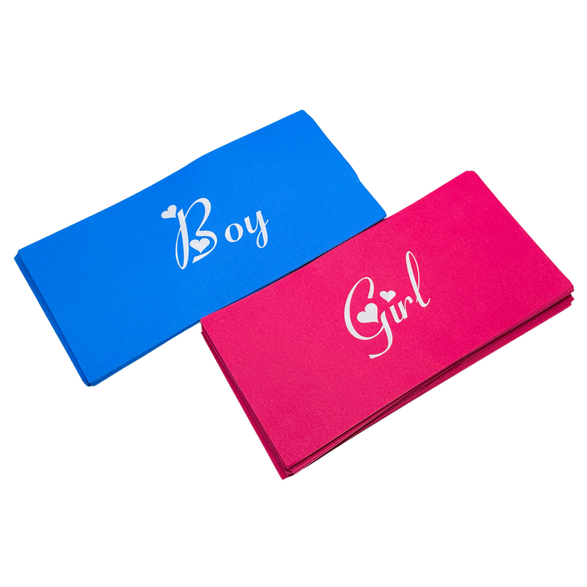 Gender Reveal Electric Card Spray Gun featuring pink and blue cards with 'Girl' and 'Boy' text in elegant white lettering, displayed side by side on a white background, showcasing gender reveal party accessories.