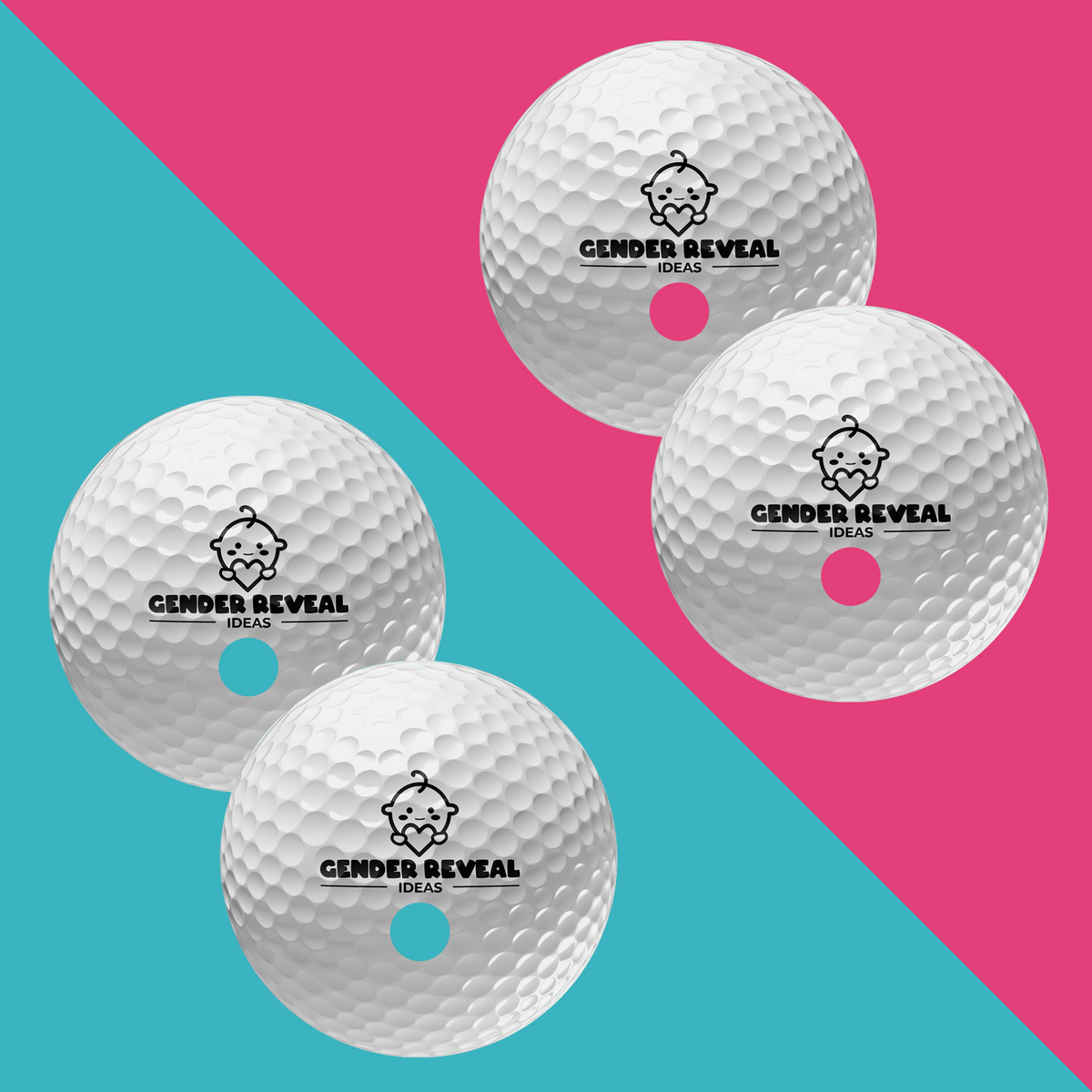 Gender Reveal Golf Balls displayed on a diagonal split background of pink and turquoise, featuring four white golf balls with a baby logo and brand name imprint, showcasing powder-filled centers in contrasting colors for gender reveal celebrations.