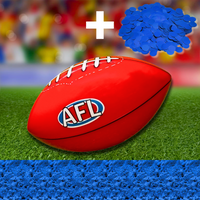 Sports Gender Reveal AFL Ball featuring a red Australian Rules football on green turf with blue confetti powder for gender reveal celebrations. Traditional AFL ball logo and white laces visible against colorful blurred background.