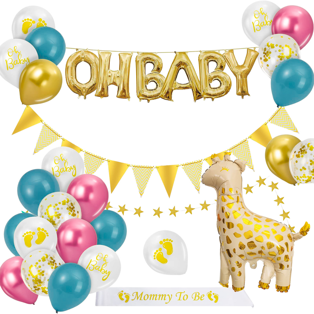 Large OH BABY gold foil balloon set with pink, blue, and gold latex balloons, yellow triangle bunting, confetti balloons, golden giraffe balloon, and Mommy To Be sash, perfect for gender reveal party decorations and baby shower celebrations