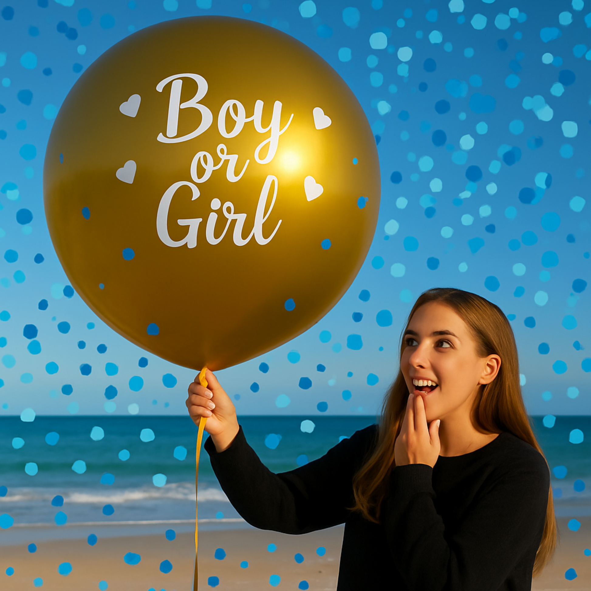 Deluxe Gold Mega Confetti Gender Reveal Balloon held by woman on beach with blue confetti background.