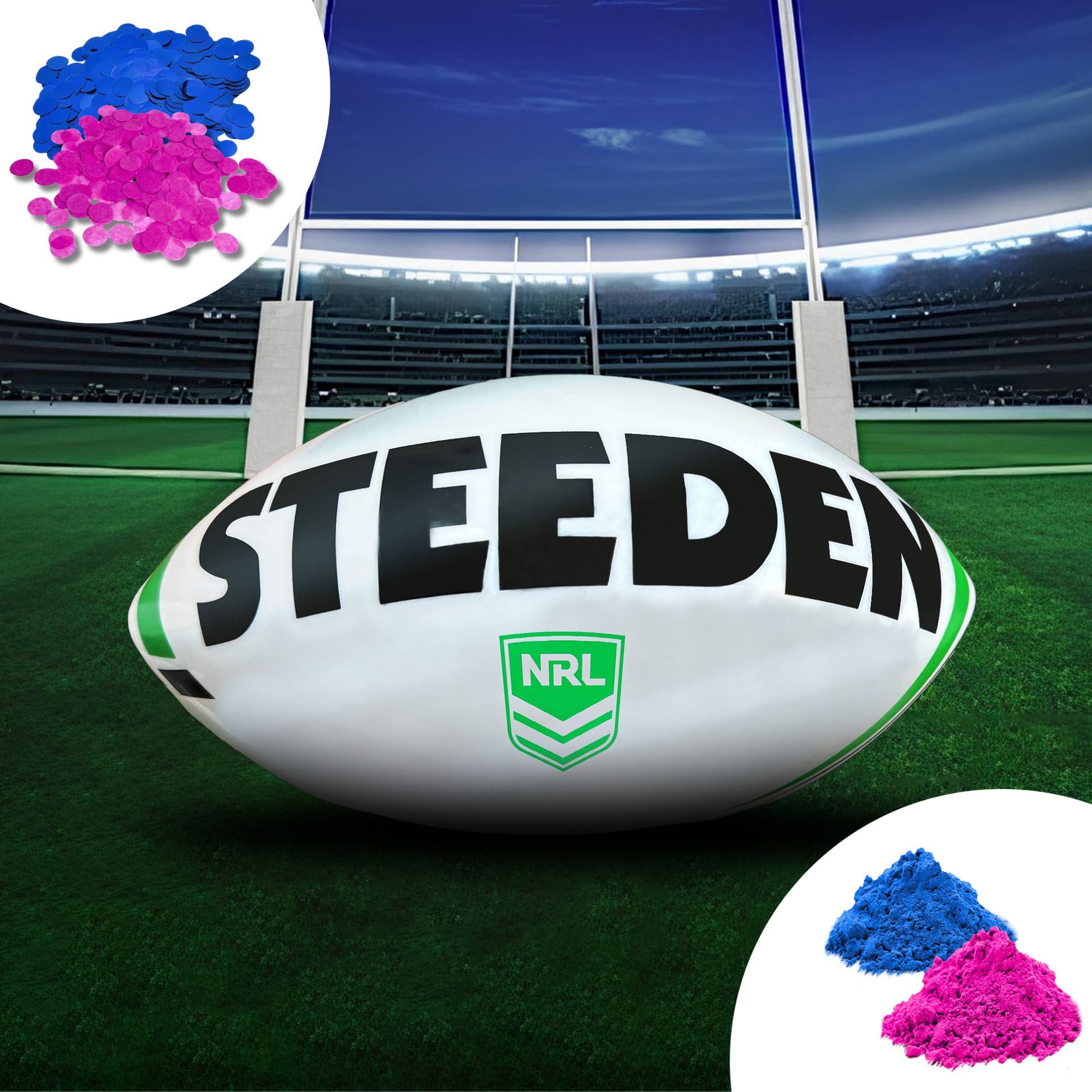 Sports Gender Reveal NRL Rugby Ball displayed on a rugby field with goal posts, featuring a Steeden ball and pink and blue powder samples in the corners, set against a stadium background.