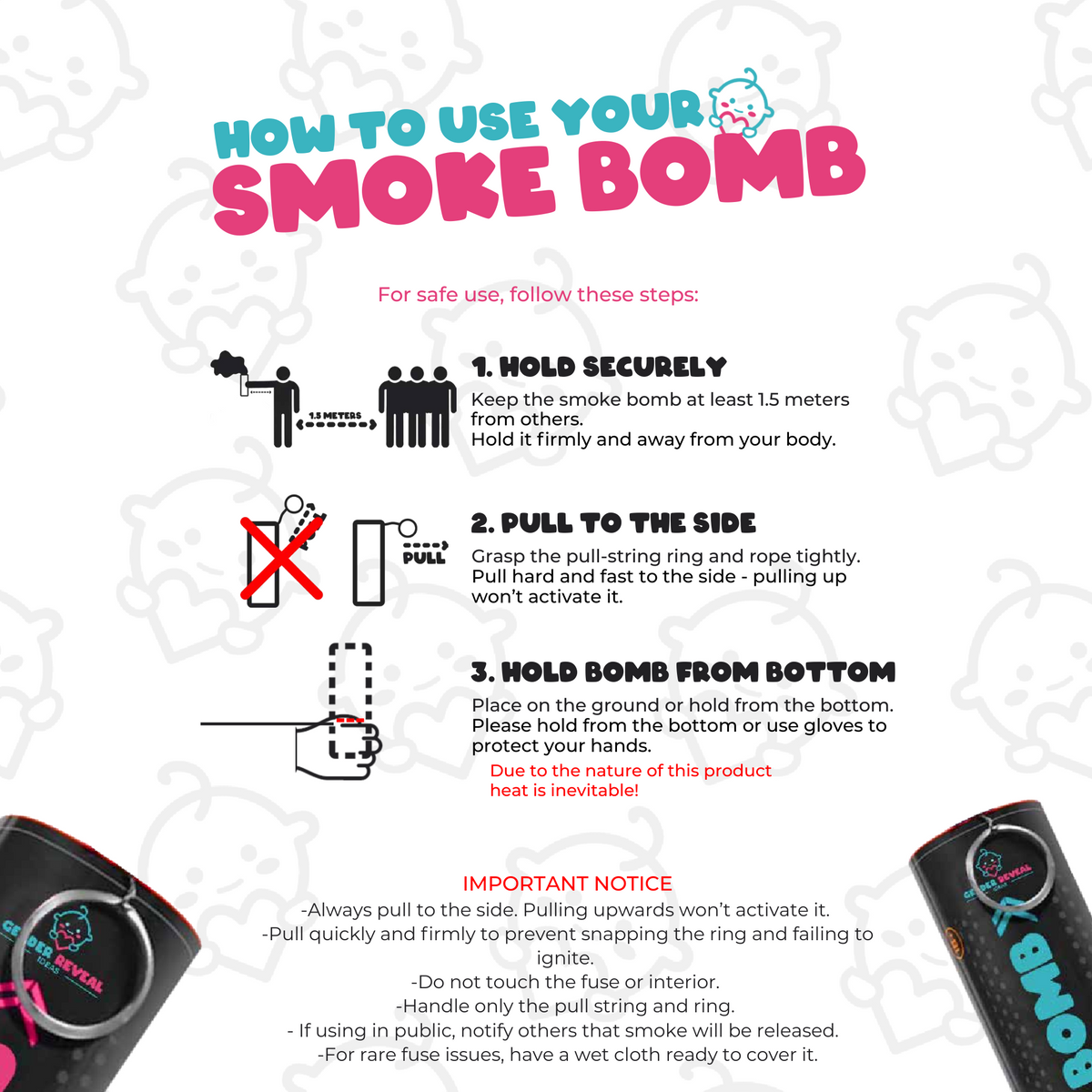 Instructional diagram for Quad Extreme Gender Reveal Smoke Bomb Pack showing safety steps: hold device securely at 1.5m distance, pull ring sideways, and position bottom-down. Product images and safety notices with pink and teal text on white background.