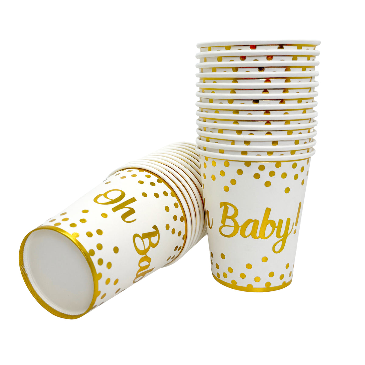 White paper cups with gold Oh Baby text and polka dots, stacked for gender reveal or baby shower celebrations