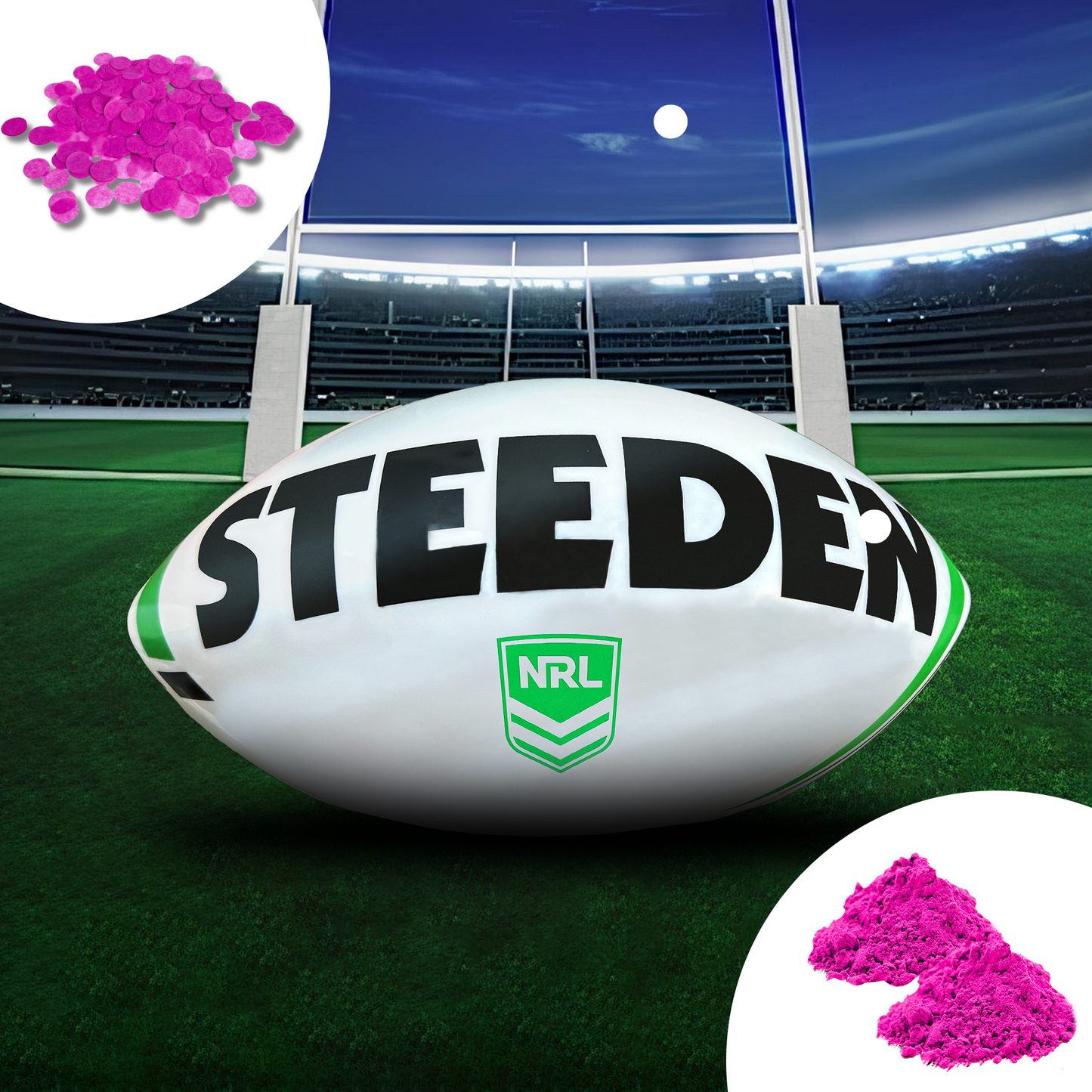 Sports Gender Reveal NRL Rugby Ball featuring a white Steeden football on a stadium field with goal posts, accompanied by pink powder packets for gender reveal celebrations.
