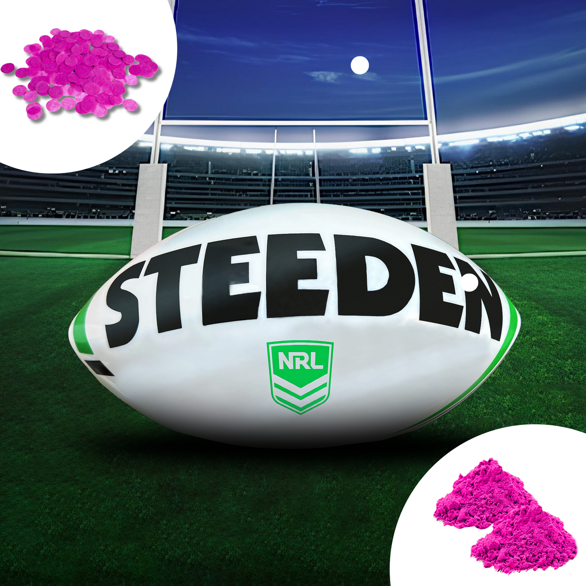 Sports Gender Reveal NRL Rugby Ball featuring a white Steeden football on a stadium field with goal posts, accompanied by pink powder packets for gender reveal celebrations.
