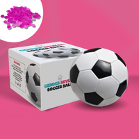 Sports Gender Reveal Soccer Ball shown with product box and pink powder confetti against pink background. Classic black and white soccer ball displayed next to retail packaging featuring soccer ball design and product branding.