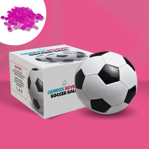 Sports Gender Reveal Soccer Ball shown with product box and pink powder confetti against pink background. Classic black and white soccer ball displayed next to retail packaging featuring soccer ball design and product branding.