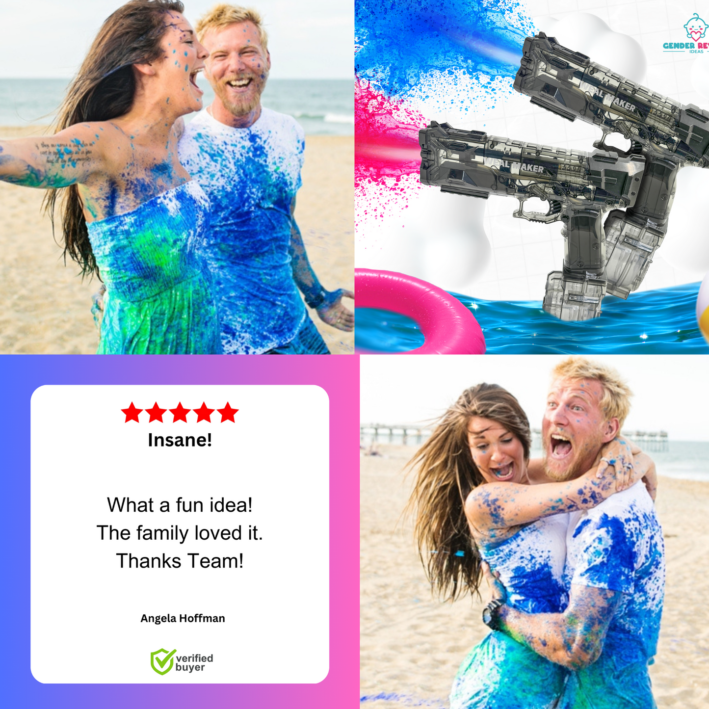 Gender Reveal Electric Water Blaster displayed in action images showing colorful blue and pink powder sprays, alongside product shots of the black tactical-style water gun and customer review images demonstrating joyful outdoor celebrations with colored powder effects on beach settings.