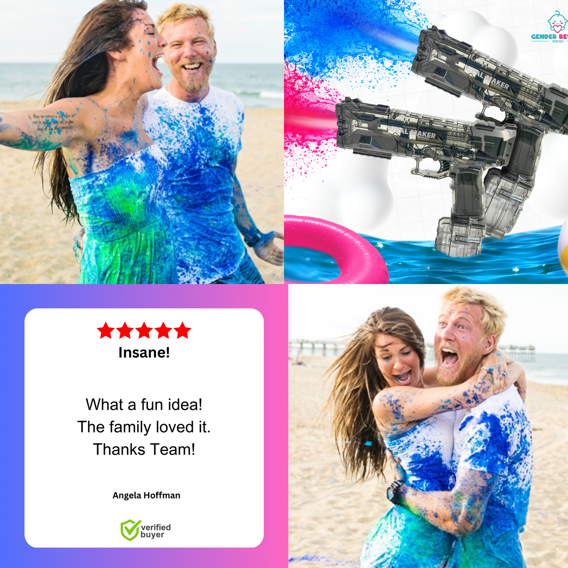 Gender Reveal Electric Water Blaster displayed in action images showing colorful blue and pink powder sprays, alongside product shots of the black tactical-style water gun and customer review images demonstrating joyful outdoor celebrations with colored powder effects on beach settings.