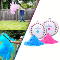 Sports Gender Reveal Baseball shown with pink and blue powder explosions during outdoor celebrations, featuring two baseballs with colored dots beside matching powder piles, demonstrating the dramatic reveal effect when hit with a baseball bat