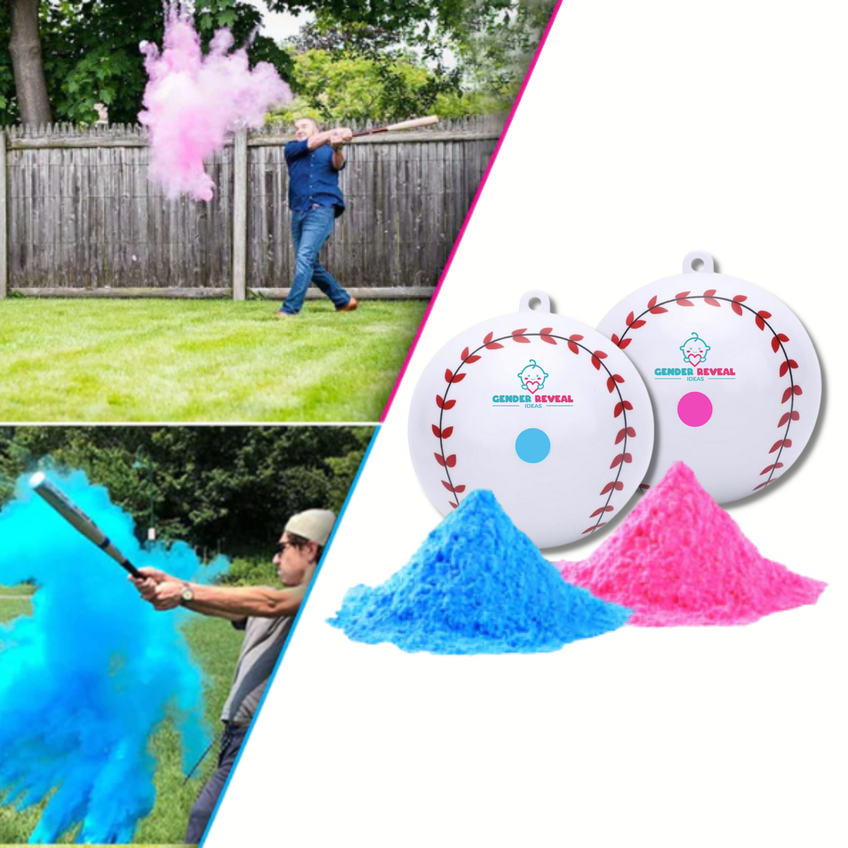 Sports Gender Reveal Baseball shown with pink and blue powder explosions during outdoor celebrations, featuring two baseballs with colored dots beside matching powder piles, demonstrating the dramatic reveal effect when hit with a baseball bat