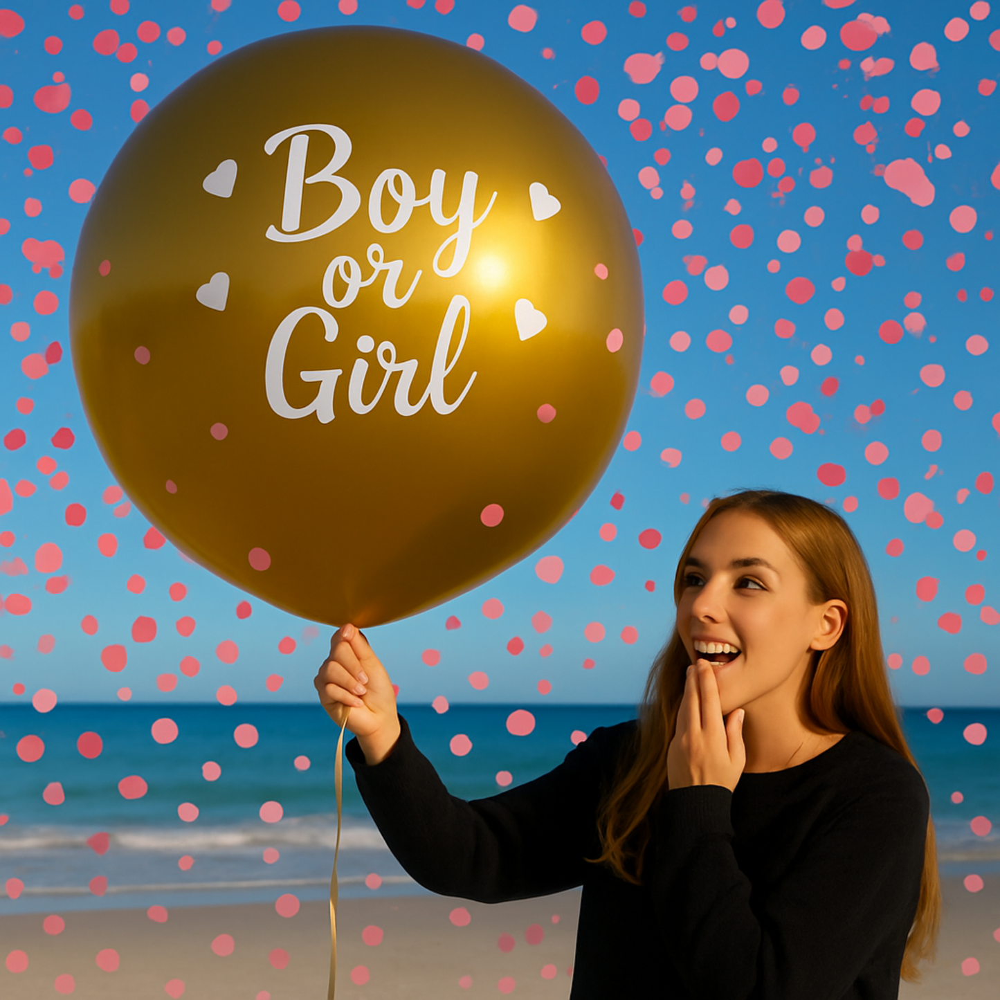 Deluxe Gold Mega Confetti Gender Reveal Balloon with pink confetti held by woman at the beach during a sunny day