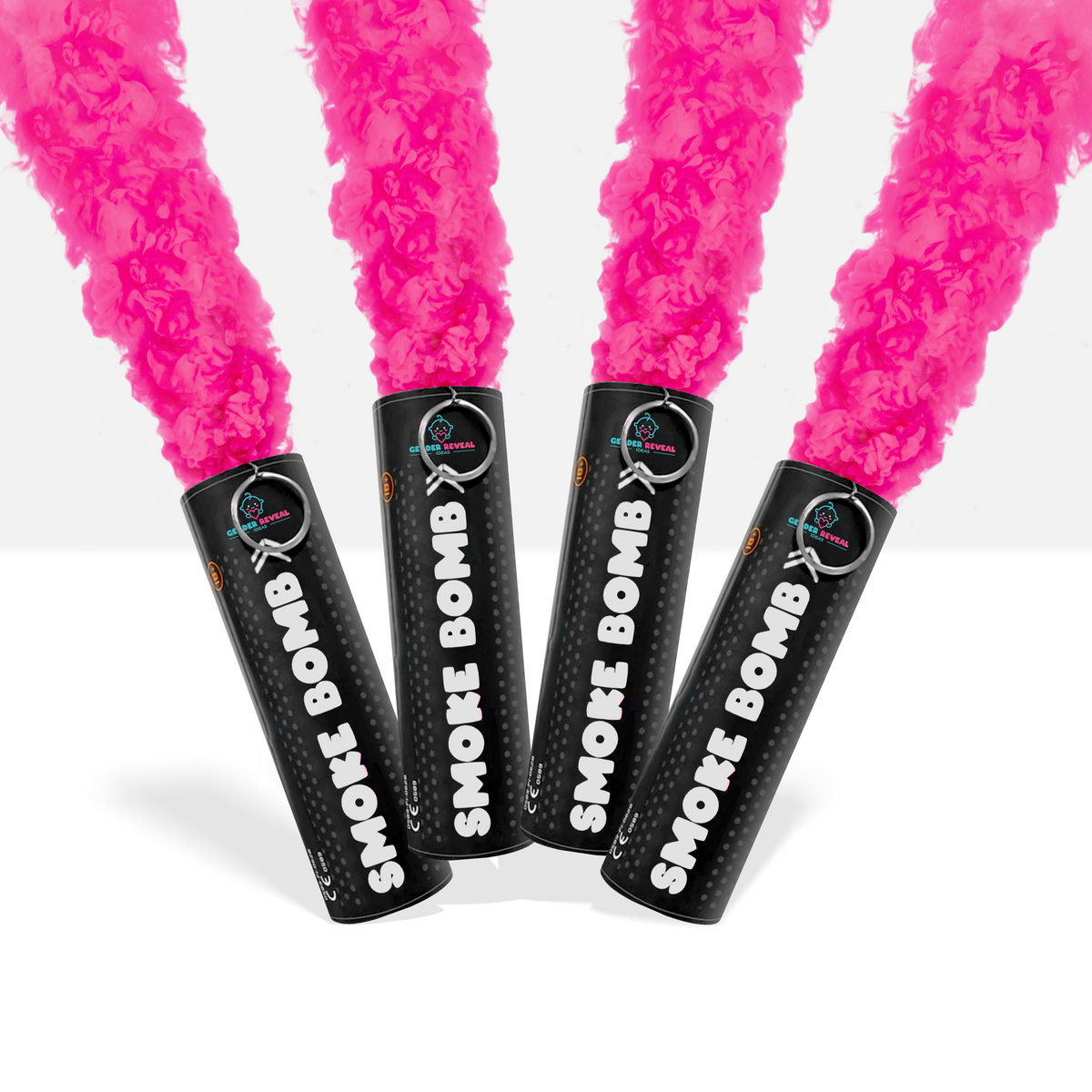 Bundle Pack Extreme Gender Reveal Smoke Bomb showing four black smoke bombs emitting vibrant pink smoke on white background.