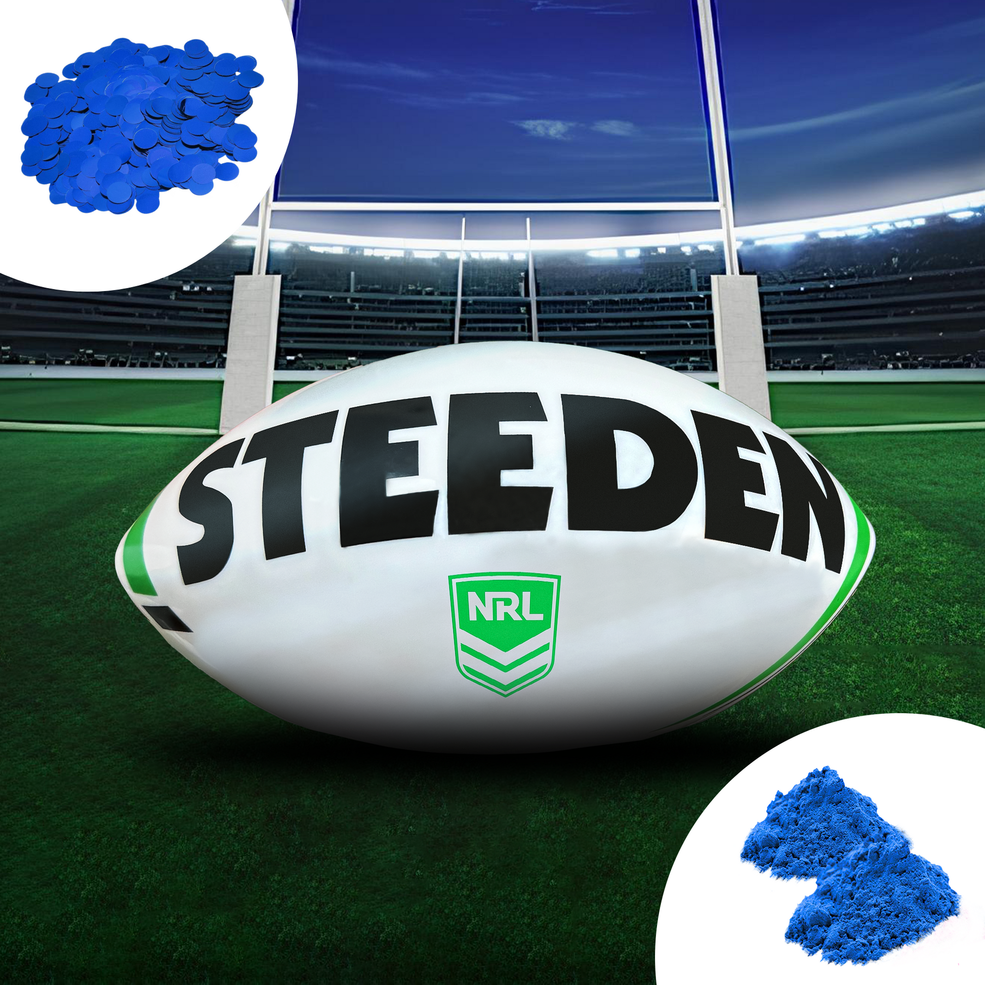 Sports Gender Reveal NRL Rugby Ball displayed on a rugby field with stadium lights, featuring a white Steeden ball with NRL logo and blue powder samples shown in circular insets, perfect for gender reveal celebrations.