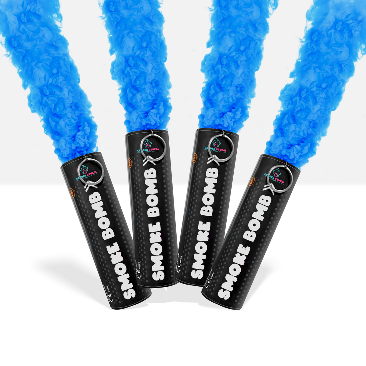 Bundle Pack Extreme Gender Reveal Smoke Bomb with four black canisters emitting thick blue smoke for gender reveal celebrations.