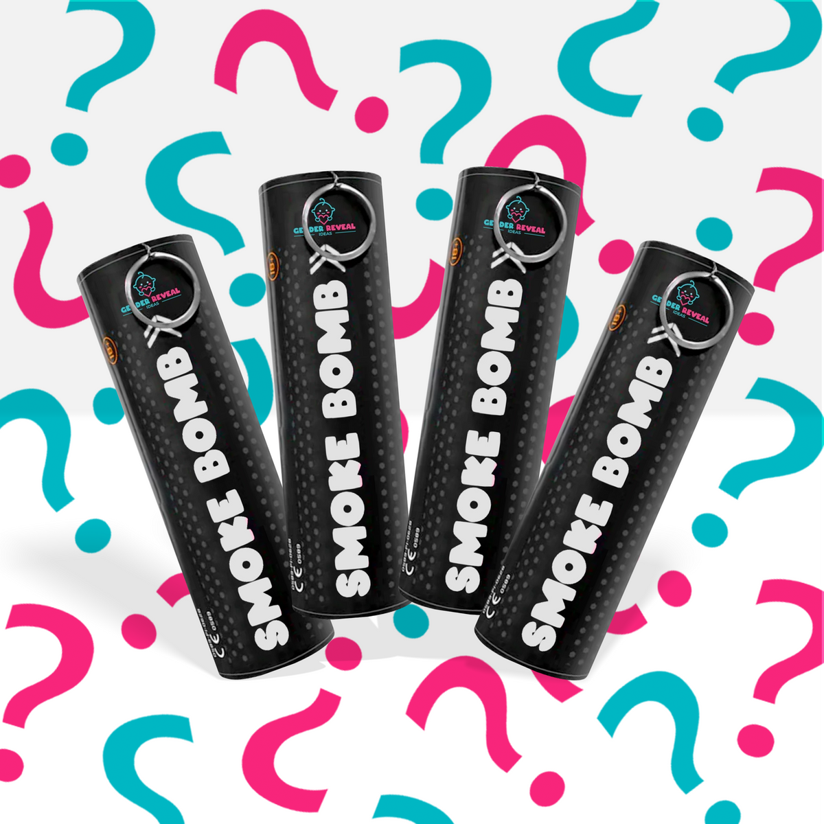 Bundle Pack Extreme Gender Reveal Smoke Bomb with four black smoke bomb canisters against pink and blue question mark background.