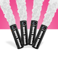 Bundle Pack Extreme Gender Reveal Smoke Bomb showing four black smoke bombs emitting white smoke on a pink background.