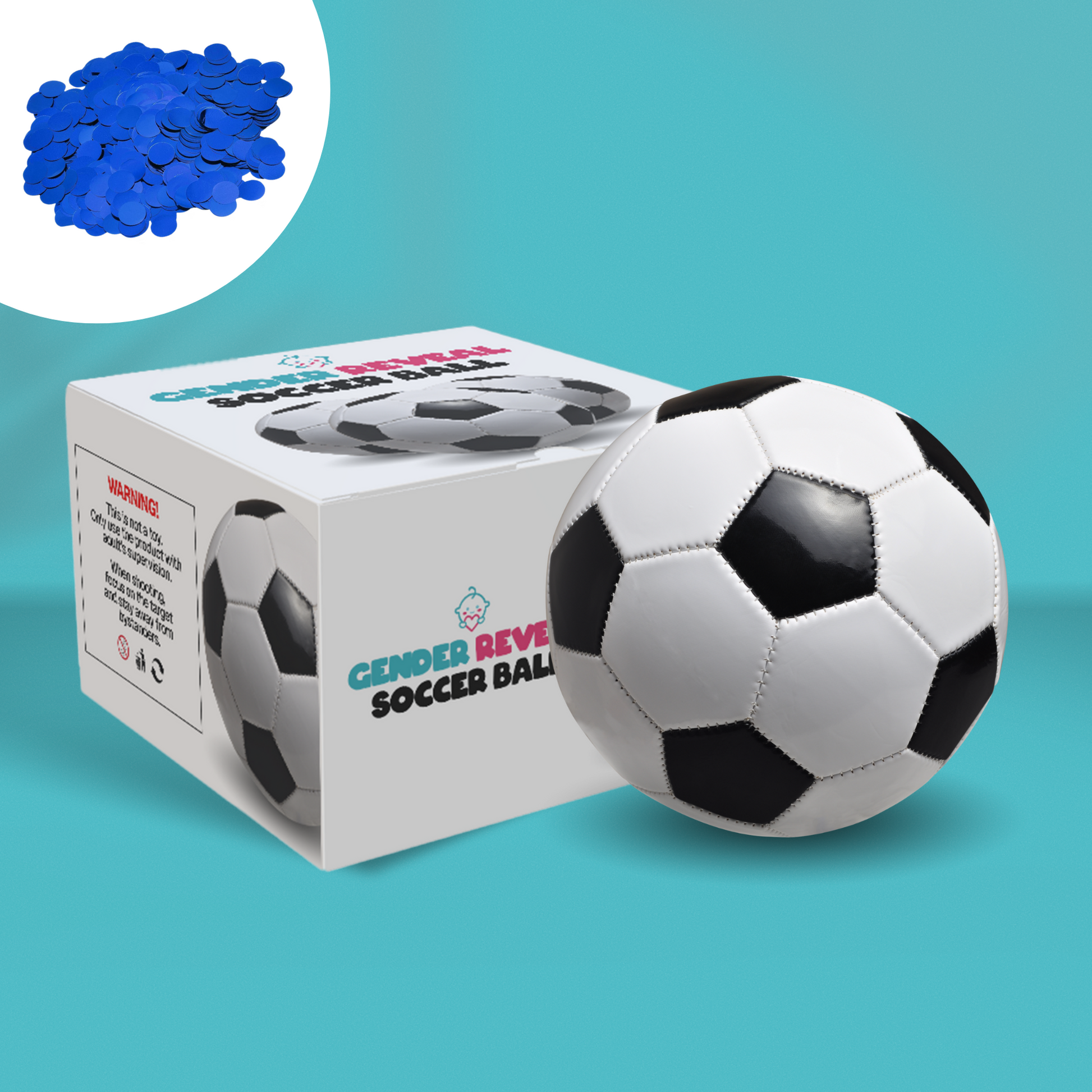 Sports Gender Reveal Soccer Ball shown with product box and blue powder packet on turquoise background, featuring classic black and white soccer ball design with retail packaging displaying product name and instructions