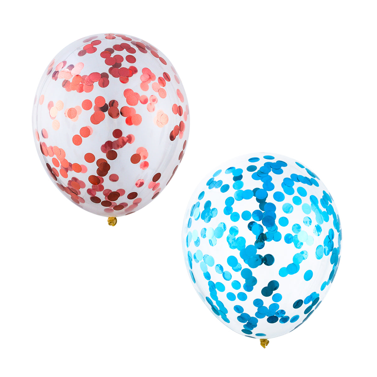148 Piece Universal Gender Reveal Baby Shower Luxury Balloon Kit featuring two clear latex balloons filled with pink and blue confetti, showcasing scattered circular dots pattern against white background with gold balloon ties