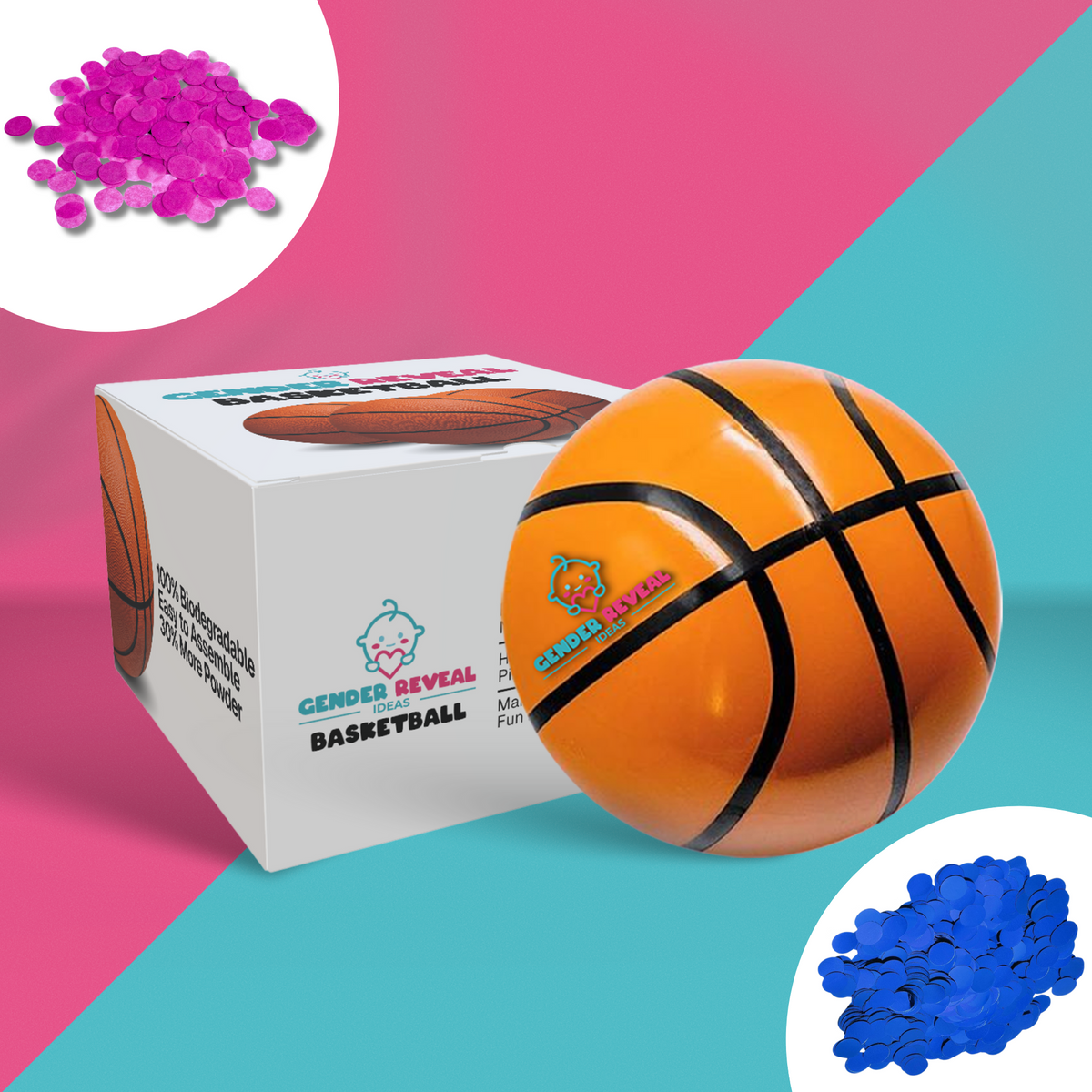 Gender Reveal Basketball with product box displayed against pink and blue background, featuring orange basketball and sample pink and blue powder confetti for gender announcement celebrations. Traditional basketball design with black stripes.