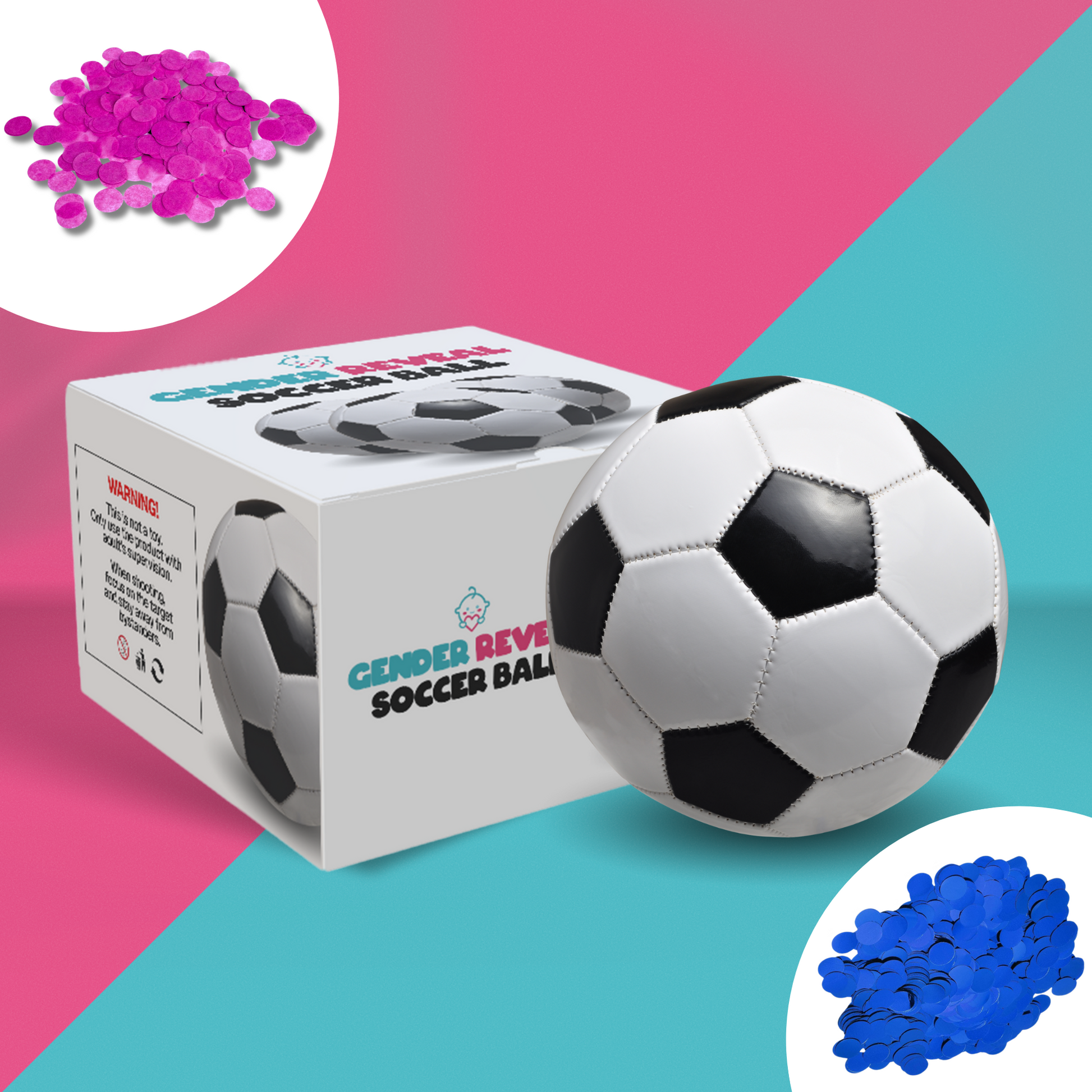 Sports Gender Reveal Soccer Ball product display showing traditional black and white soccer ball next to its packaging box, with pink and blue powder confetti samples in circular insets against a split pink and turquoise background