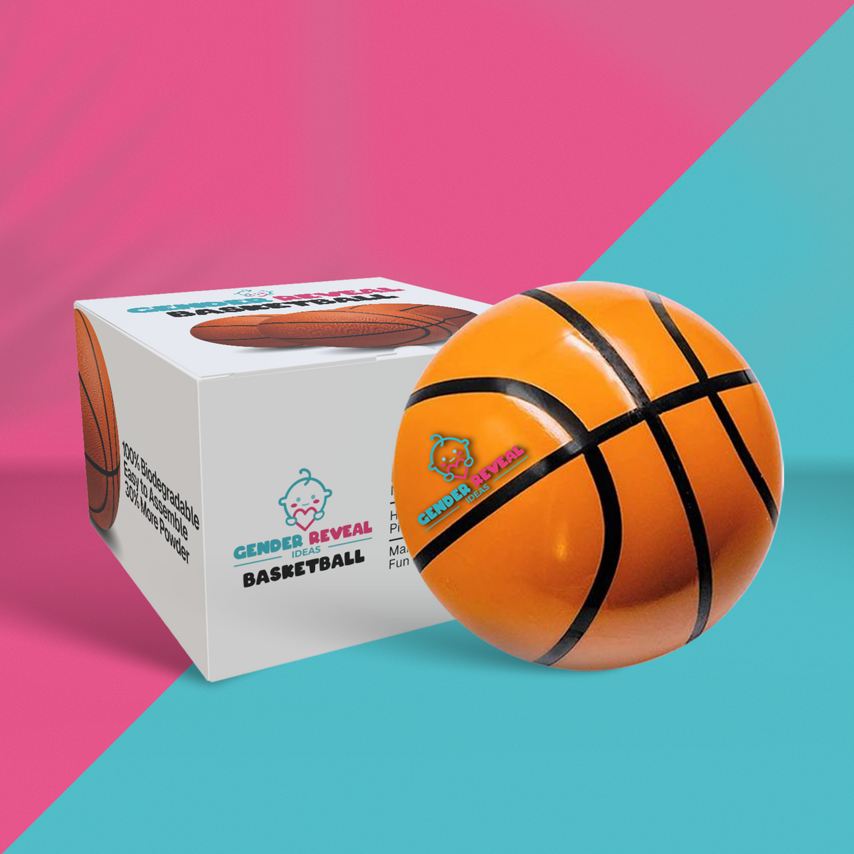 Gender Reveal Basketball displayed with product box against pink and turquoise split background. Traditional orange basketball with black stripes sits beside white packaging featuring basketball-themed branding and graphics.