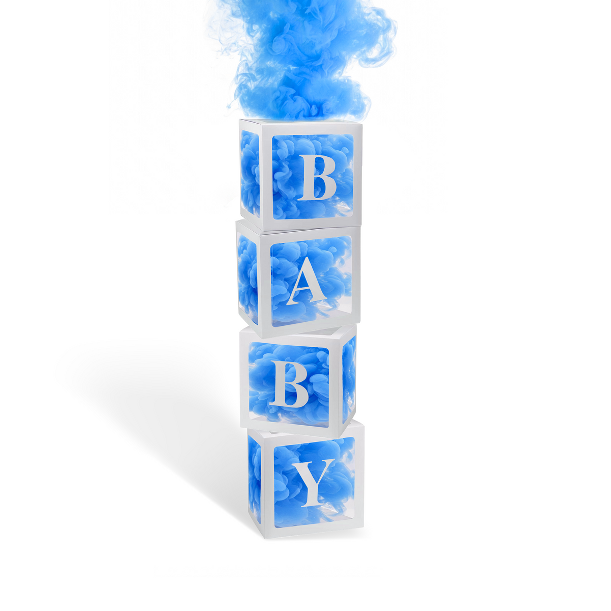 DIY - Gender Reveal Smoke Box Trend showing blue smoke with stacked BABY blocks for gender reveal celebration.