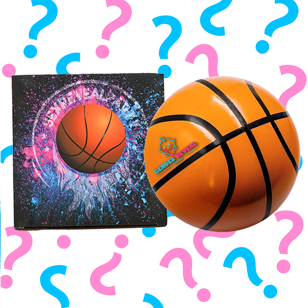 Gender Reveal Basketball shown with product packaging featuring colorful powder explosion effect in pink and blue, surrounded by decorative question marks. Traditional orange basketball with black stripes displayed alongside reveals the sporty gender announcement concept.