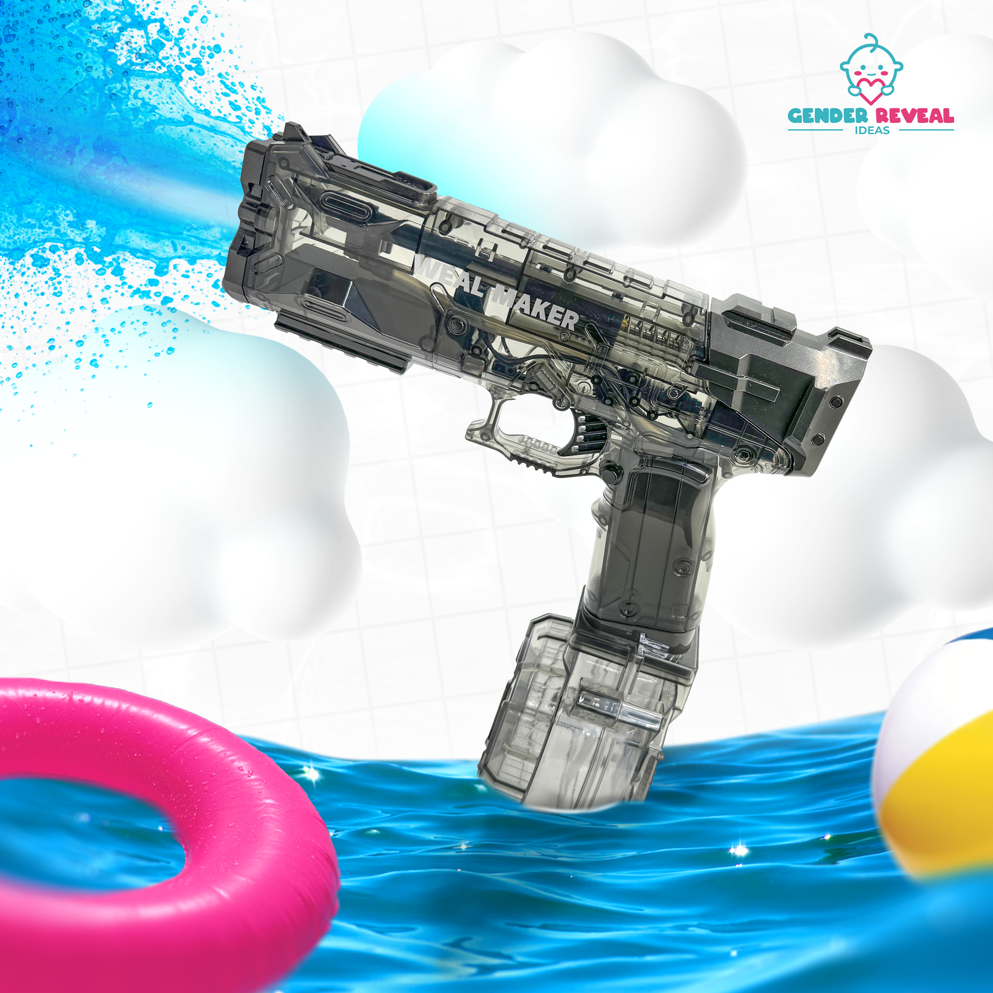 Gender Reveal Electric Water Blaster shown in transparent design spraying blue water, displayed with pink and yellow pool floats in blue water, featuring automatic spray functionality and modern design for gender reveal parties