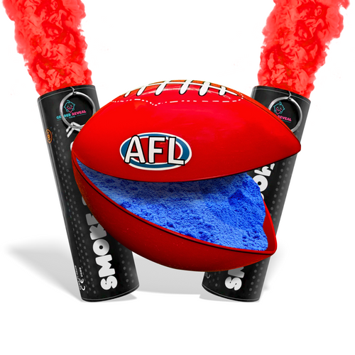 Gender Reveal AFL Sports Bundle featuring red smoke bombs and a football with blue powder inside for gender reveal.