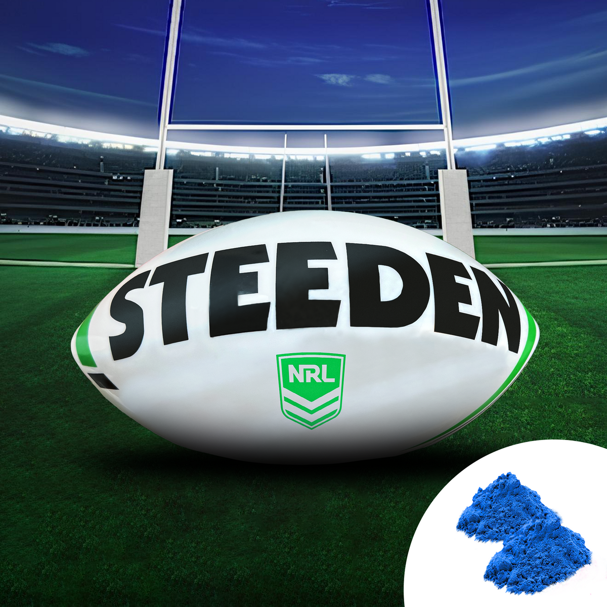 Sports Gender Reveal NRL Rugby Ball: White Steeden rugby ball with NRL logo on stadium field, with bright blue powder sample shown in corner. Professional stadium backdrop with goal posts and green turf under dramatic evening lighting.
