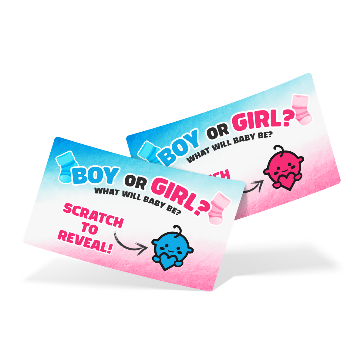 Gender Reveal Ideas 24 Pack Scratchies showing boy or girl options to scratch and reveal baby's gender.