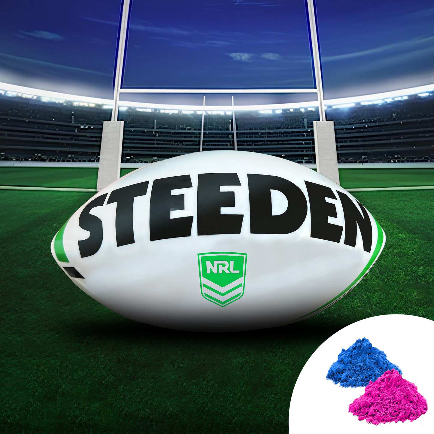 Sports Gender Reveal NRL Rugby Ball with Steeden logo on stadium field, featuring blue and pink powder packets for gender reveal celebration. White rugby ball positioned in front of goal posts on green turf under stadium lights.