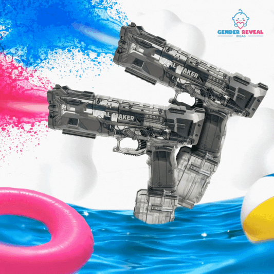 Gender Reveal Electric Water Blaster spraying pink and blue water for a fun gender reveal party celebration.