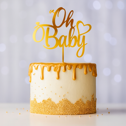 Oh Baby" Acrylic Cake Topper Gold on white cake with gold drip and gold sprinkles for baby celebrations