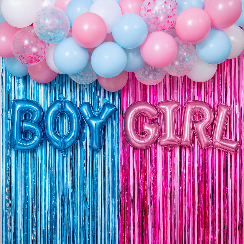 BOY/ GIRL Foil Air Fill Gender Reveal Balloons in blue and pink with matching balloons and shiny backdrop decoration.
