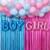 Full Gender Reveal Back Drop Kit with blue and pink balloons, foil curtains, and boy and girl balloon letters.