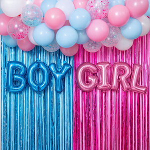 Full Gender Reveal Back Drop Kit with blue and pink balloons, foil curtains, and boy and girl balloon letters.