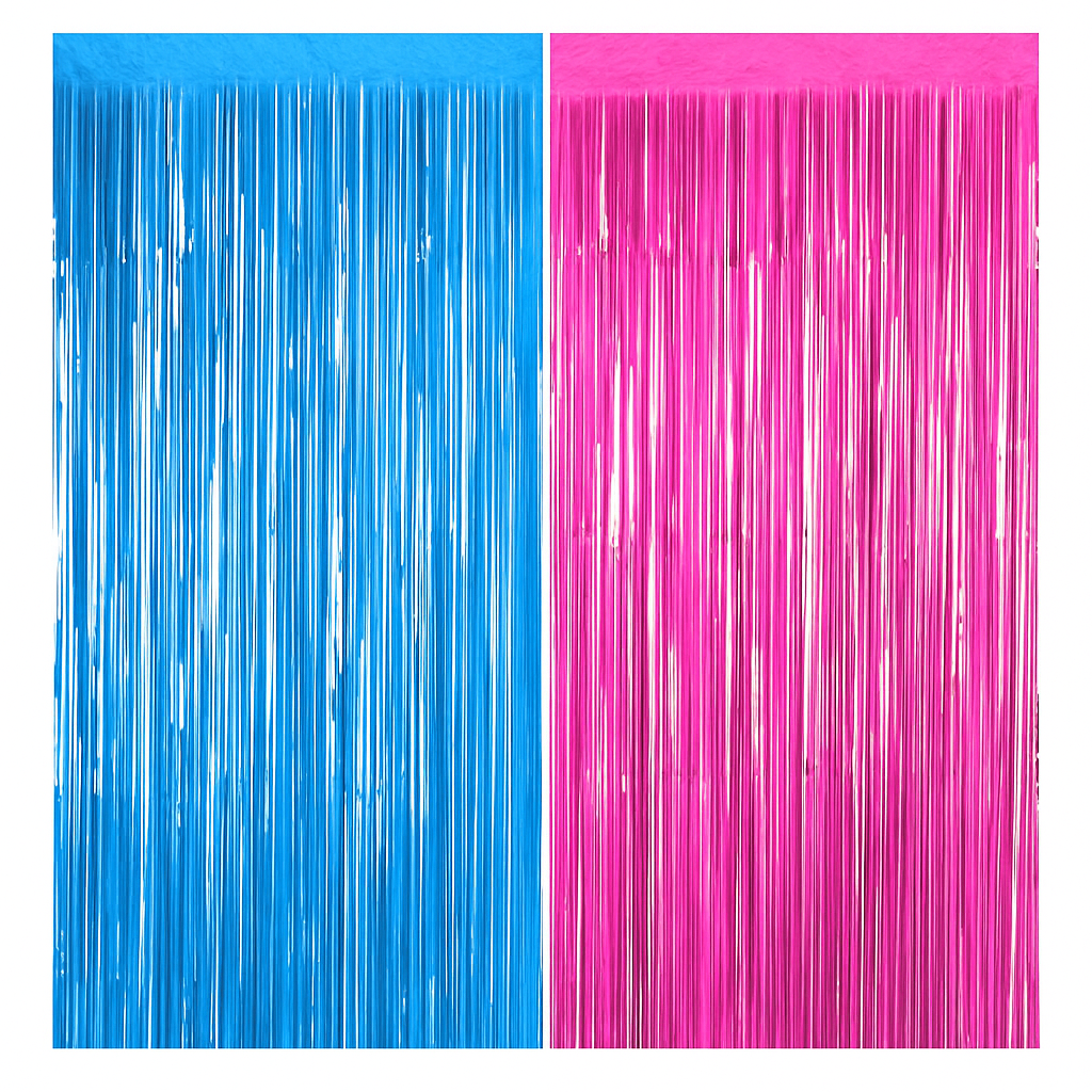 Gender Reveal Foil Party Curtain with metallic blue and pink foil strands for a shimmering gender reveal party backdrop.