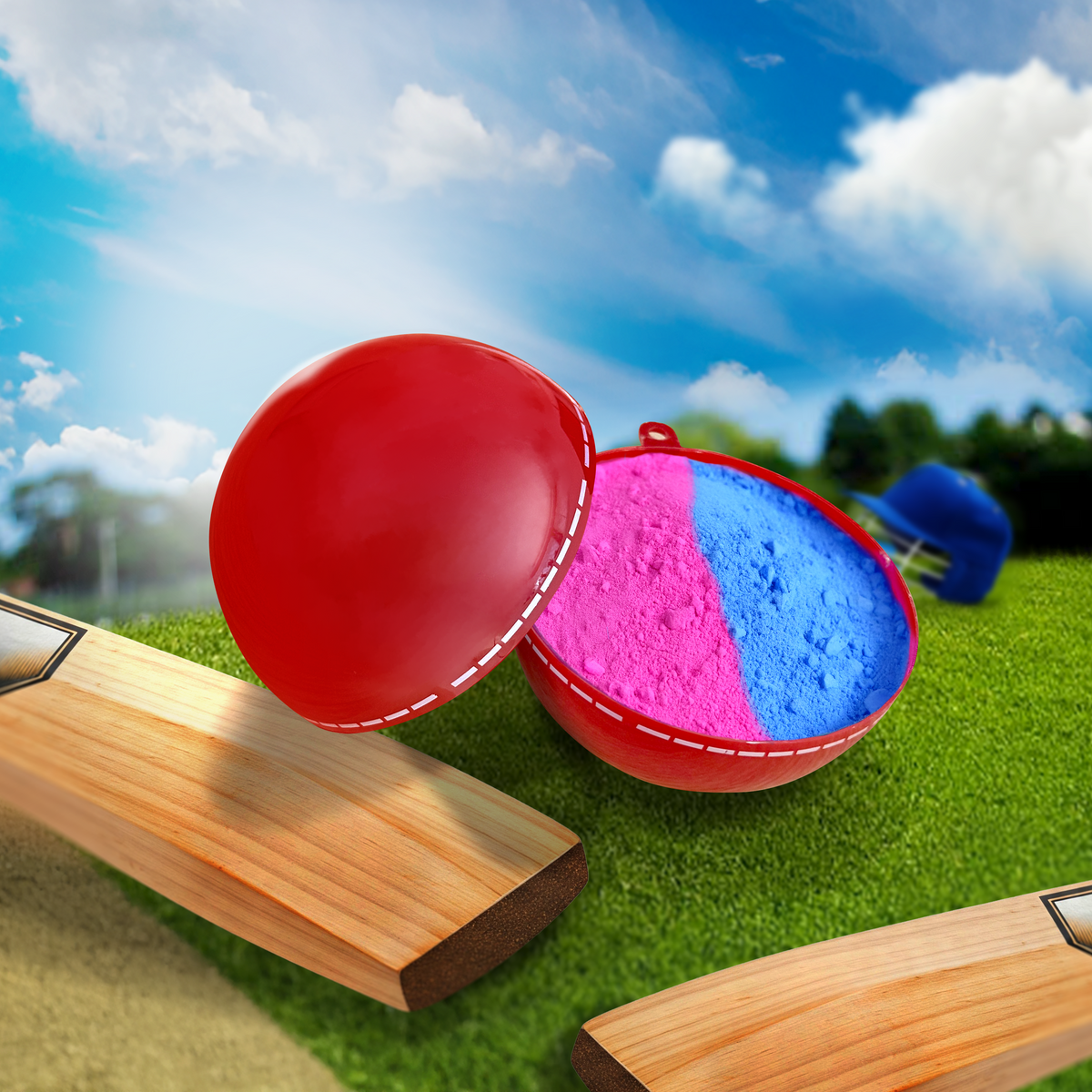 Gender reveal cricket ball split open showing pink and blue powder on cricket pitch with wooden bats and bright sky