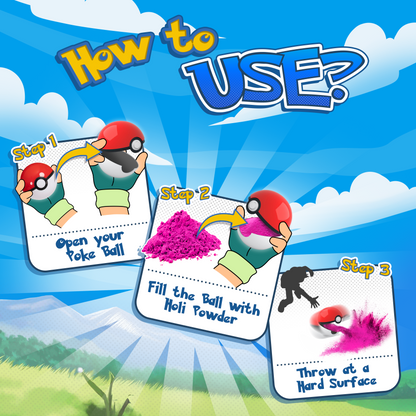 Gender Reveal Poke Ball 2 pack instruction guide showing three steps: opening the ball, filling with colored powder, and throwing against a surface for reveal. Bright blue background with cartoon-style illustrations demonstrating proper usage of the gender reveal Pokemon-inspired product.