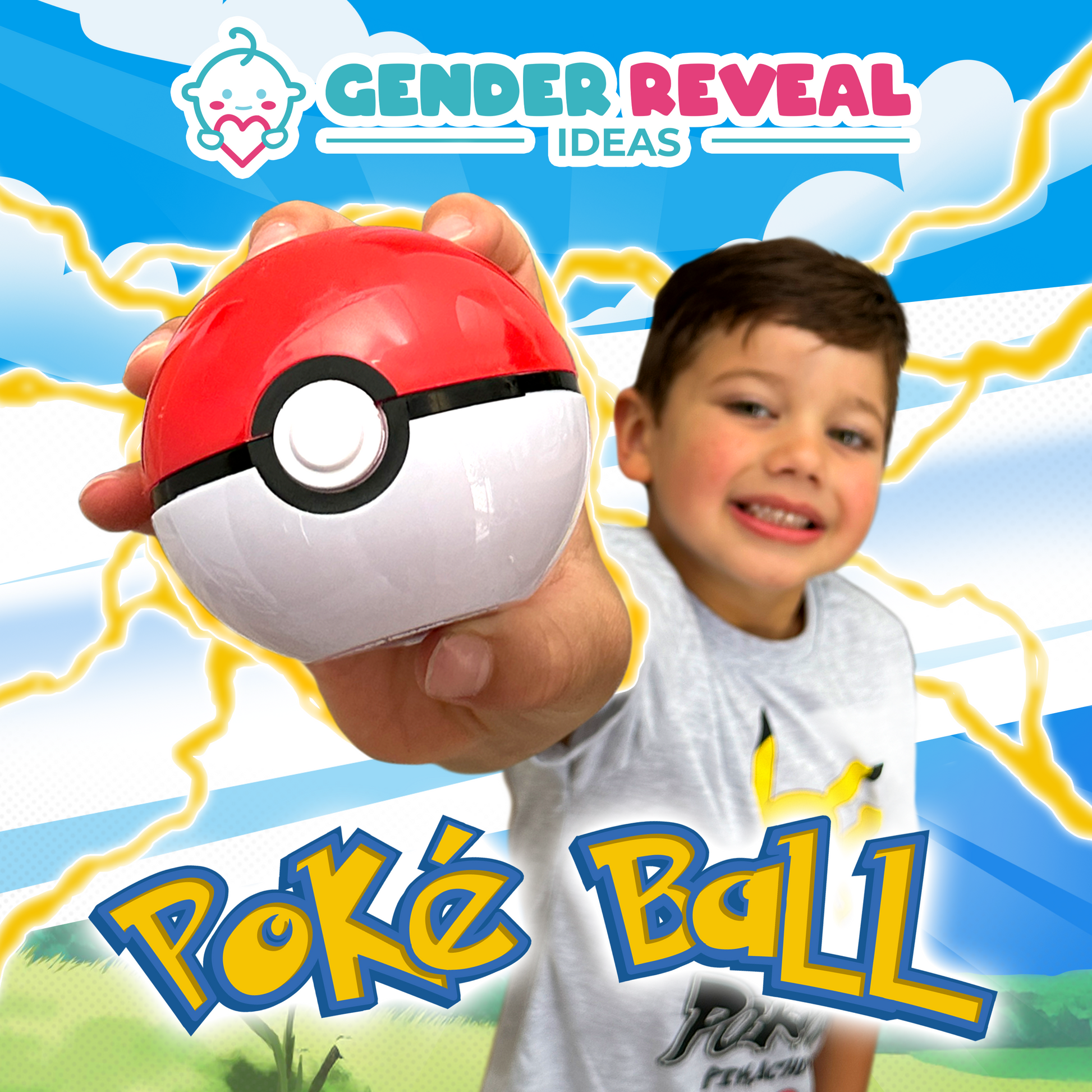 Gender Reveal Poke Ball 2 pack: A red and white Poke Ball held up against a bright blue sky background with yellow lightning bolts, showing scale and size of the product. Decorative text and graphics complete the playful Pokemon-themed design.